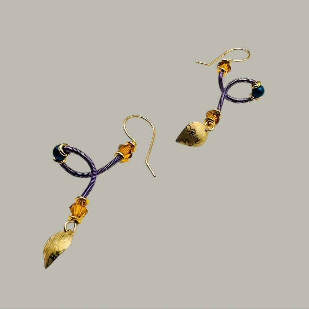 Vintage Holly Yashi Purple Blue Gold Wire Wrap Niobium Leaf Drop Earrings - Picture 2 of 8